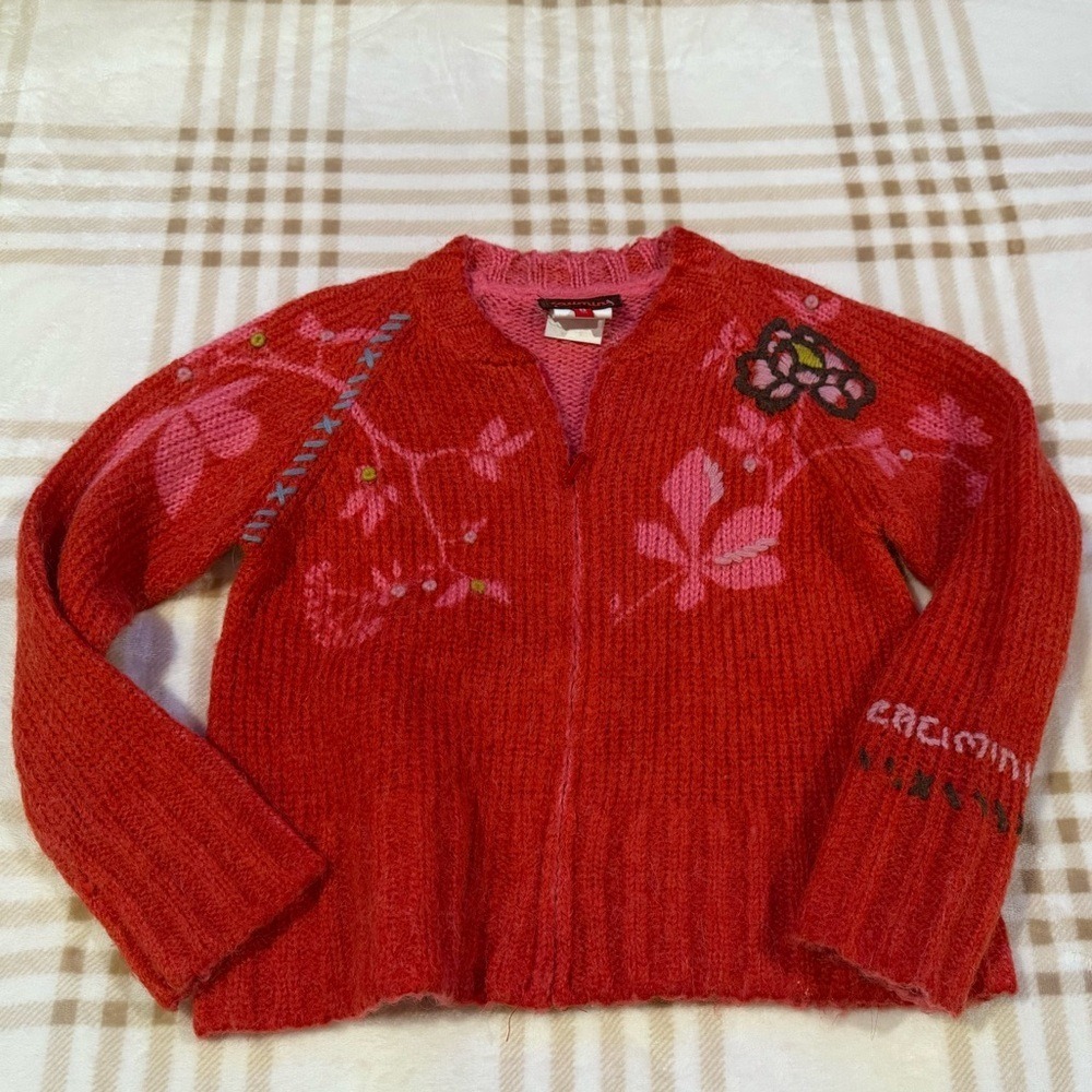 Catimini Girls Red Floral Knit Zip Up Cardigan Sweater Size 8 126cm Mohair Style